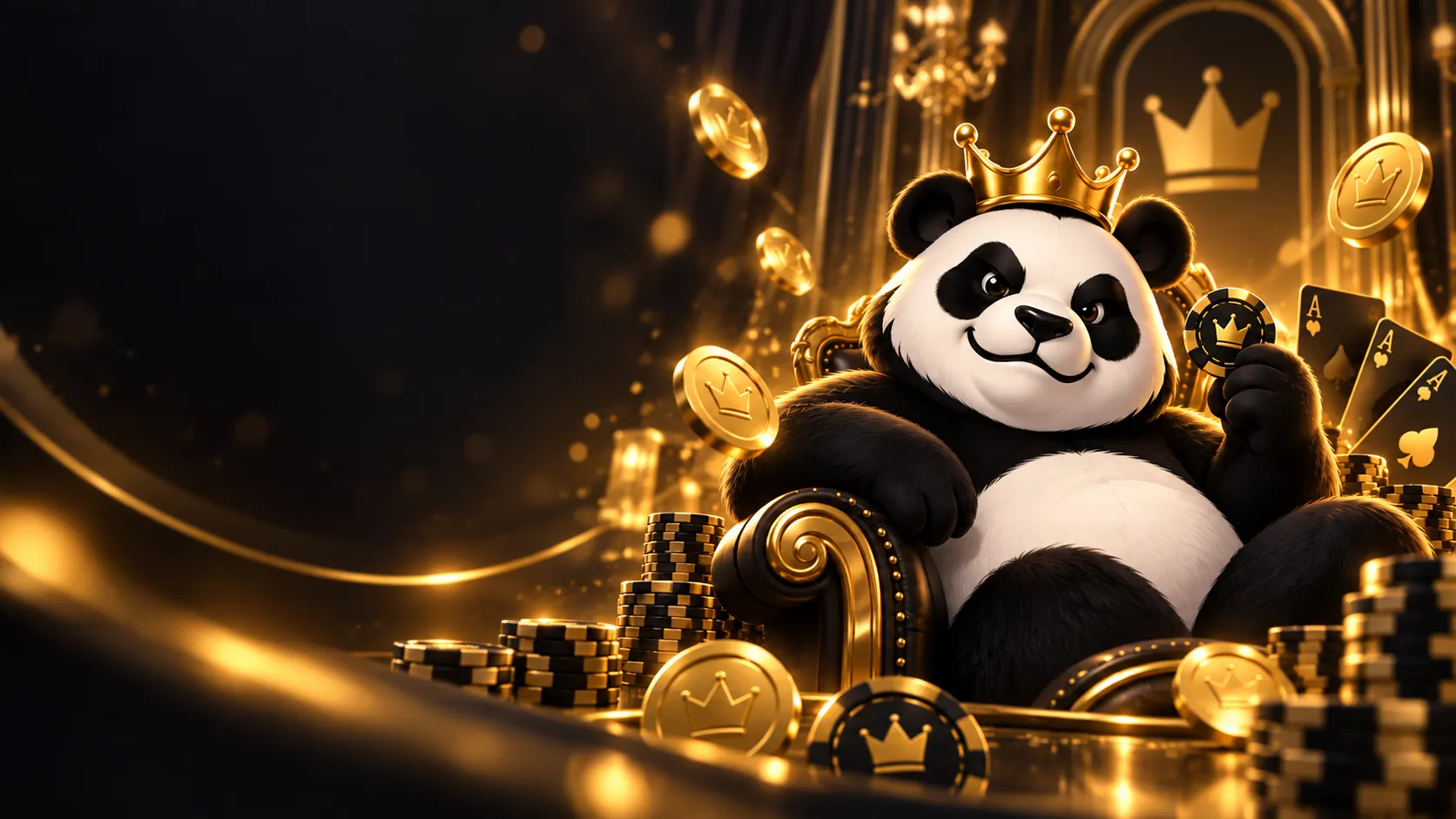 Banner de login seguro KingPanda com panda coroado e fichas de cassino.